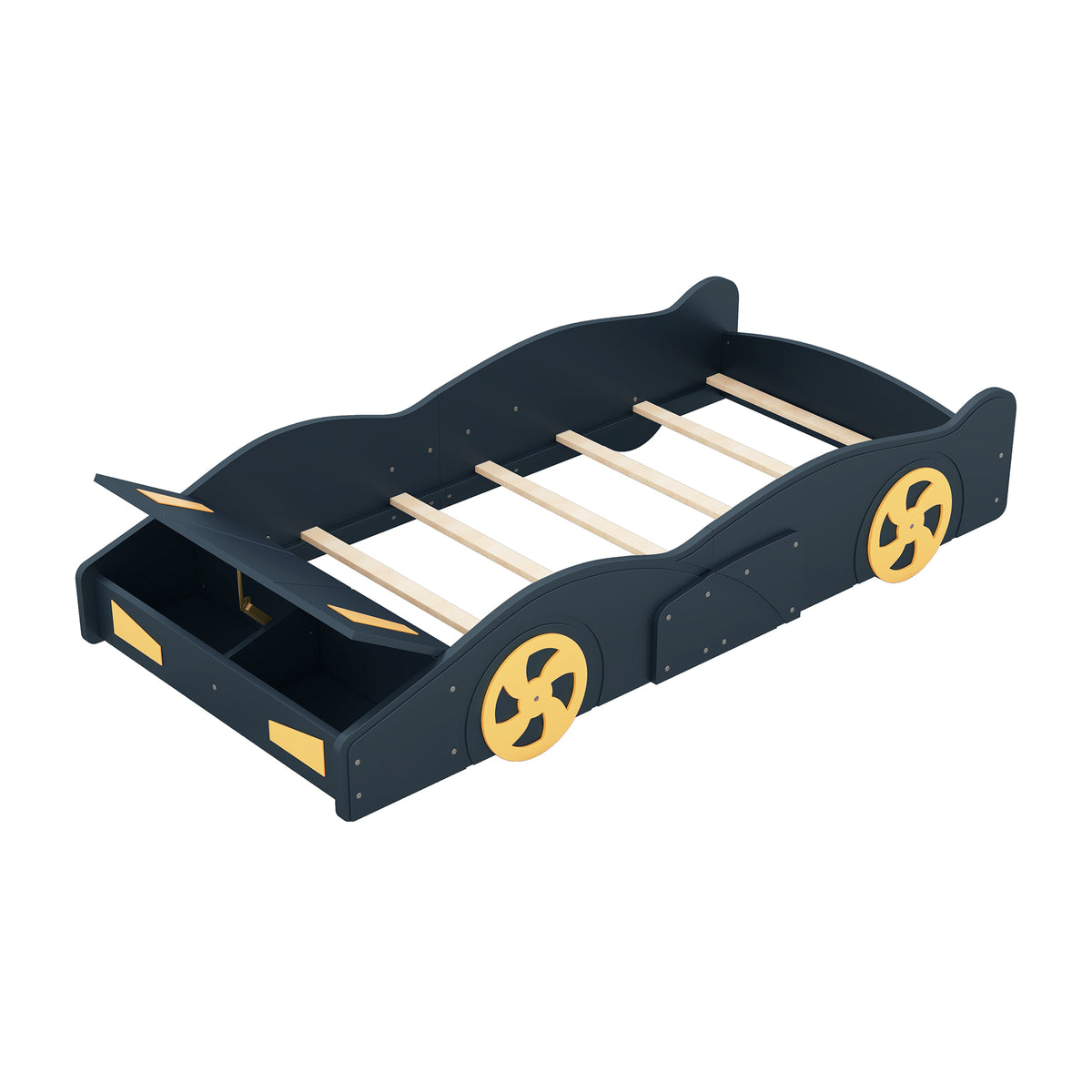 Race Car-Shaped Twin Platform Bed with Wheels and Storage in Dark Blue+Yellow, Solid Wood+MDF