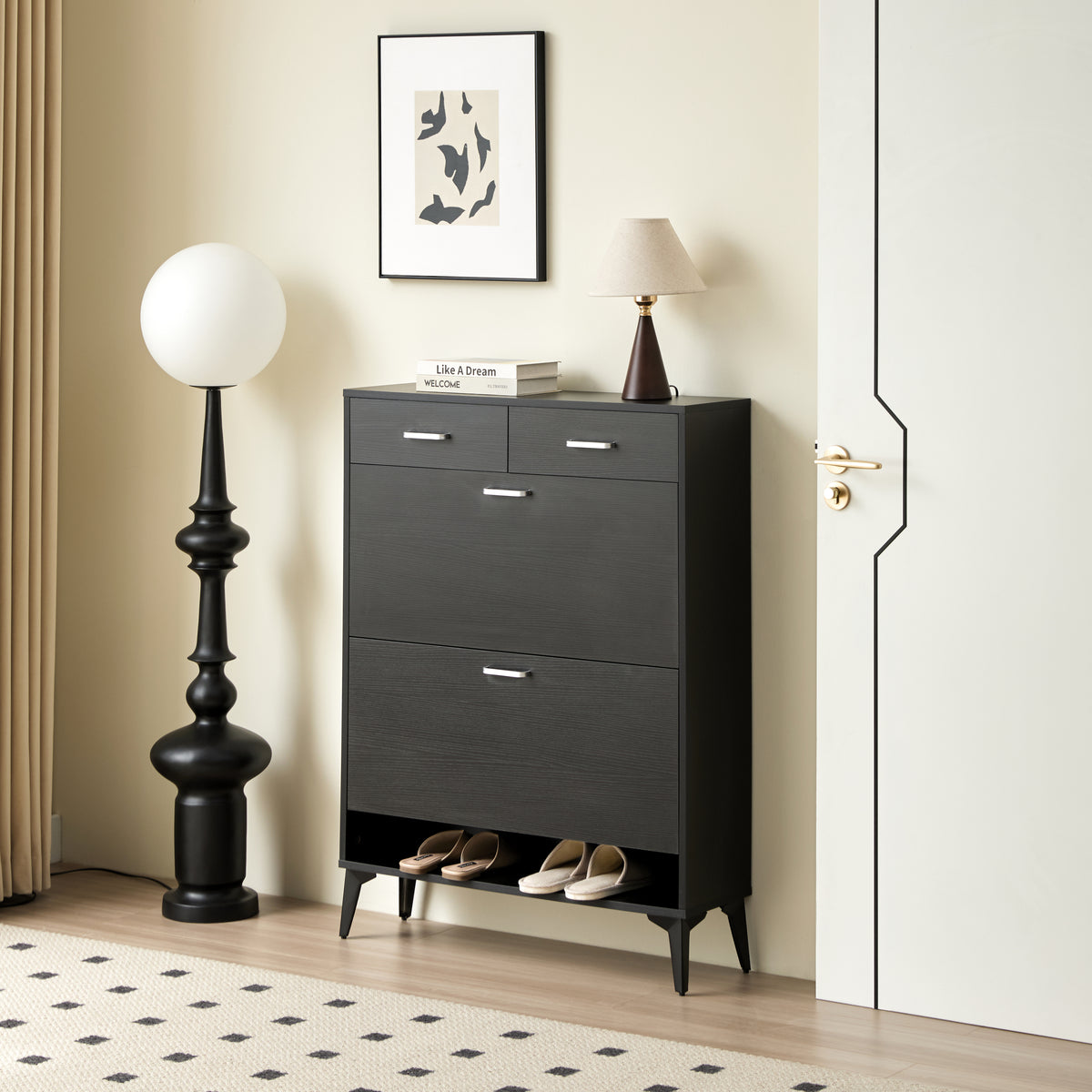 Large size Shoe Cabinet,Free Standing Tipping Bucket Shoe Rack Organizer with 2 Flip Drawers&2 Drawer,Modern Tipping Bucket for Entryway,Hallway,Bedroom-black
