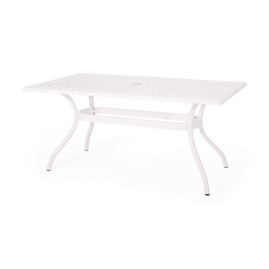 Celestine Outdoor Cast Aluminum Dining Table with Floral Lattice Design and Umbrella Holder, White