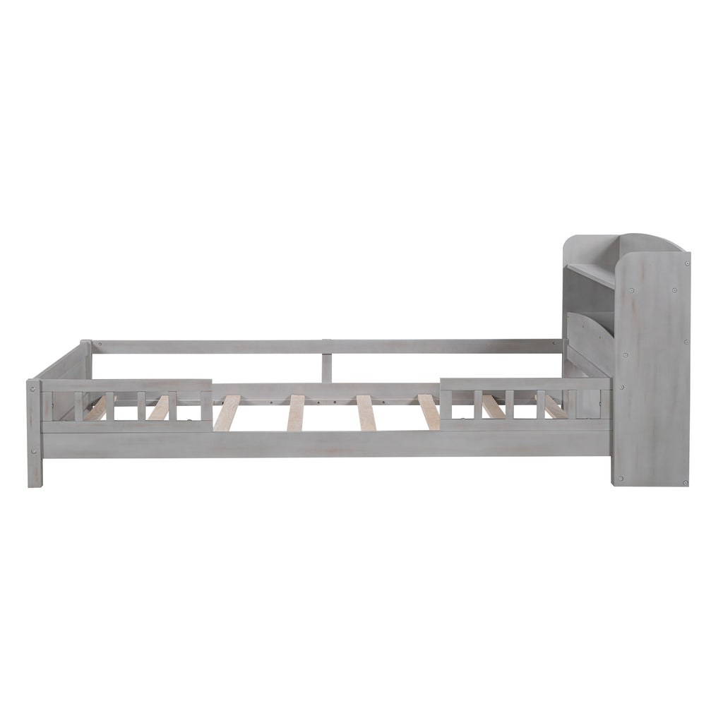 Antique Grey Wood Twin Size Platform Bed with LED Light, Storage Headboard and Guardrail, Solid Pine Wood+MDF