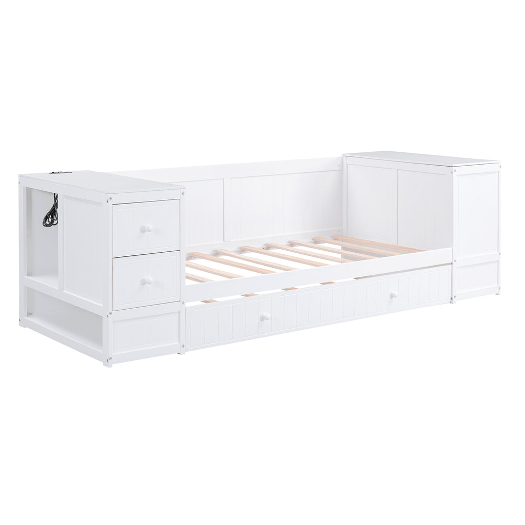 White Twin Size Daybed with Storage Arms, Trundle and Charging Station, Solid Pine Wood+MDF