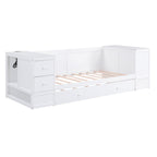White Twin Size Daybed with Storage Arms, Trundle and Charging Station, Solid Pine Wood+MDF