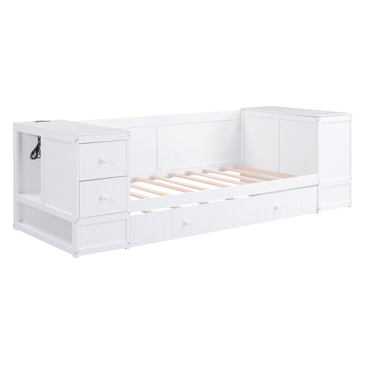 White Twin Size Daybed with Storage Arms, Trundle and Charging Station, Solid Pine Wood+MDF