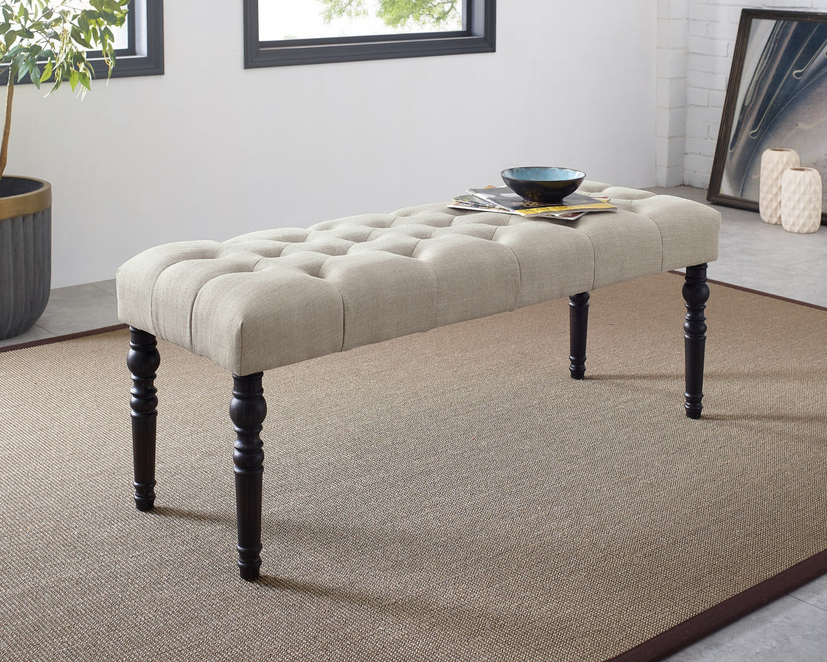 Leviton Fabric Tufted Turned Leg  Dining Bench, Tan