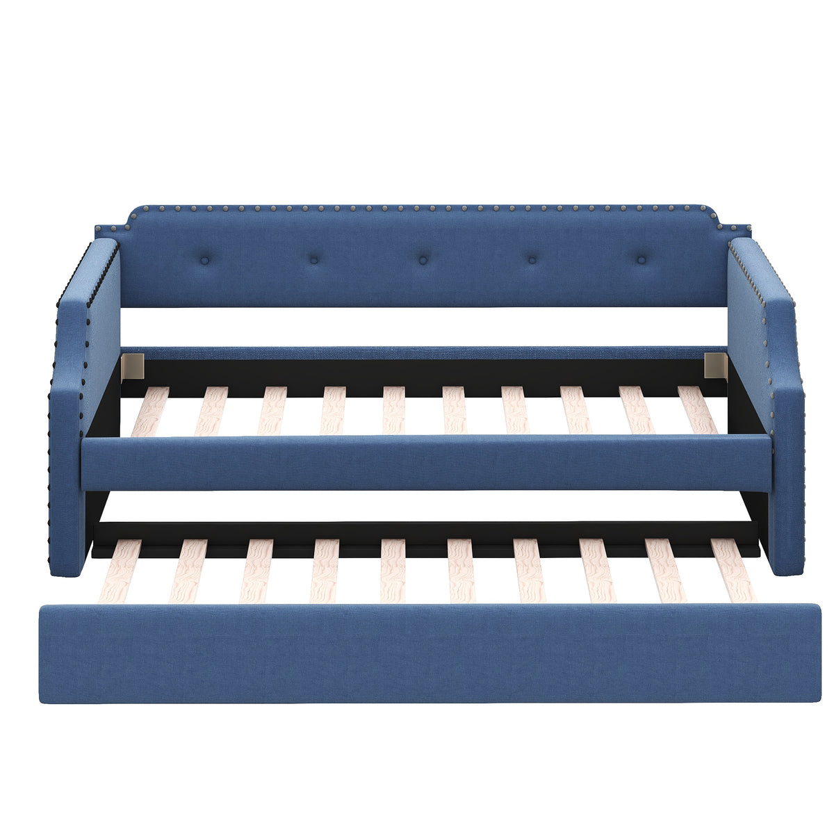 Blue Upholstered Daybed with Trundle, Twin, Wood Slat Support, Linen Fabric Frame, 76''L x 39.4''W