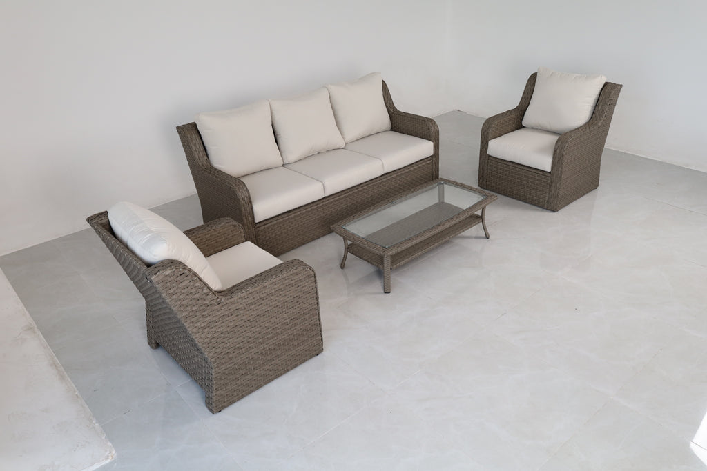 4-piece Light Gray Rattan Patio Furniture Set With Sofa, 2 Club Chairs,and Coffee Table - White Cushions