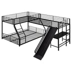L-Shaped Twin over Full Bunk Bed with Twin Loft, Built-in Desk and Slide, Black Metal and MDF Frame, 117.4L x 77.6W x 53H inches