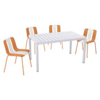 Four-Piece Set of Modern Striped Color-Blocking Single Chairs with 55-Inch White Long Table,Beige,Orange/White,20.47*18.9*31.5 (in)/ 55.12*31.5*29.53 (in),PP,Metal