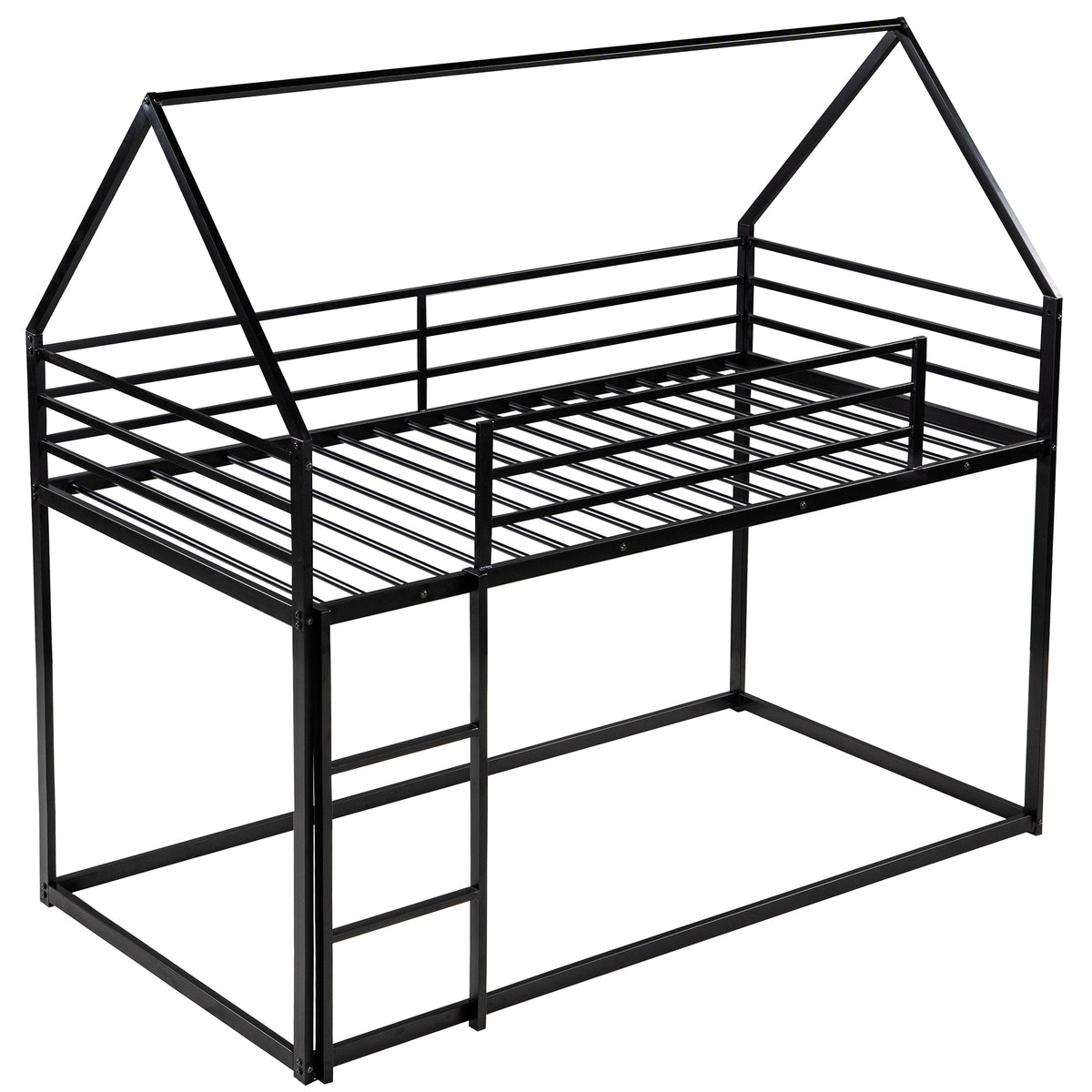 Black Twin over Twin House Bunk Bed with Built-in Ladder, Metal Frame, 76.5''L x 40.5''W x 71''H