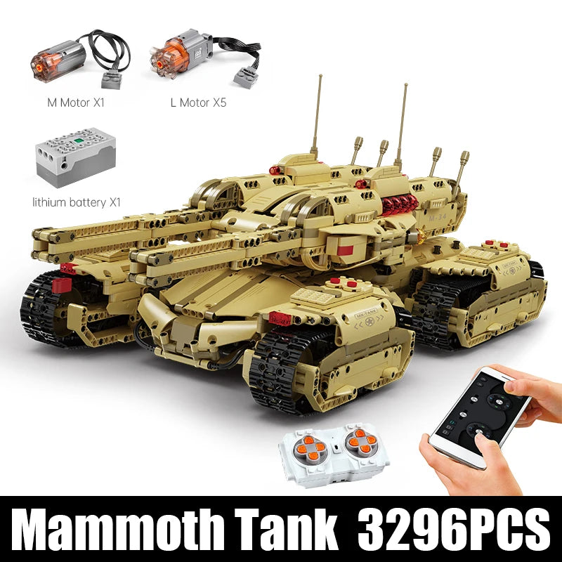MOULD KING 20011 High-Tech App Remote Control Military Car MOC Mammoths Tank Model Building Bricks Toys For Kids Christmas Gifts