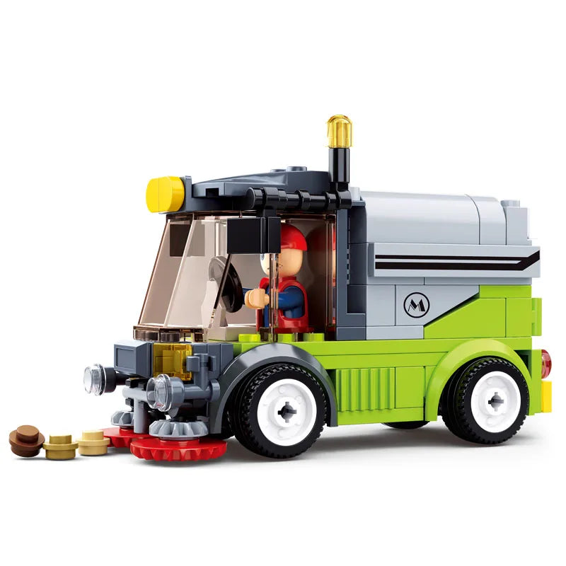 City Town Building Block City Great Vehicles Municipal Car Garbage Truck Light Repair Truck Road Sweeper Sprinkler Bricks Toy