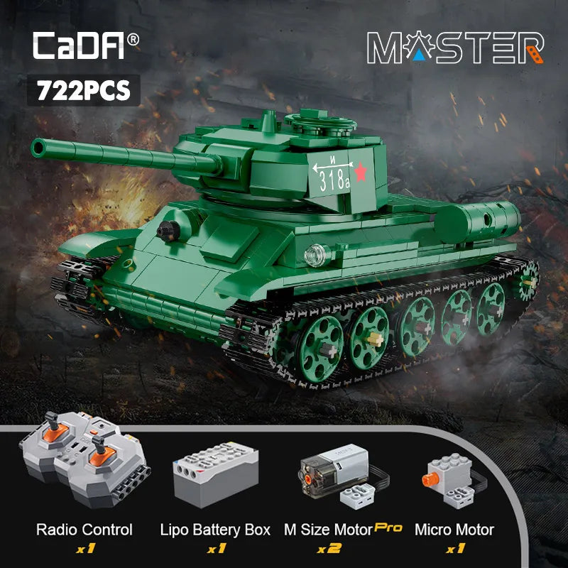 Cada 727Pcs WW2 Remote Control Military T34 Medium Tank Building Blocks Compatible City RC Army Weapon Bricks Toys Boy - CADA BRICKS®