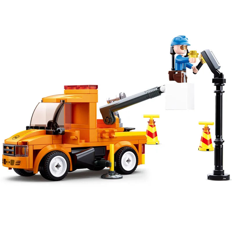City Town Building Block City Great Vehicles Municipal Car Garbage Truck Light Repair Truck Road Sweeper Sprinkler Bricks Toy