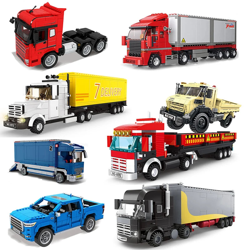 City Truck Vehicle Pickup Heavy Cargo Transport Model Building Blocks Machinery Shop Van Creative Carriage Harvester Car Kid Toy - CADA BRICKS®