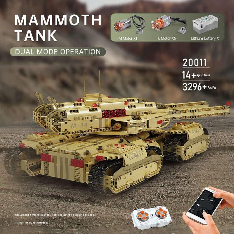 MOULD KING 20011 High-Tech App Remote Control Military Car MOC Mammoths Tank Model Building Bricks Toys For Kids Christmas Gifts