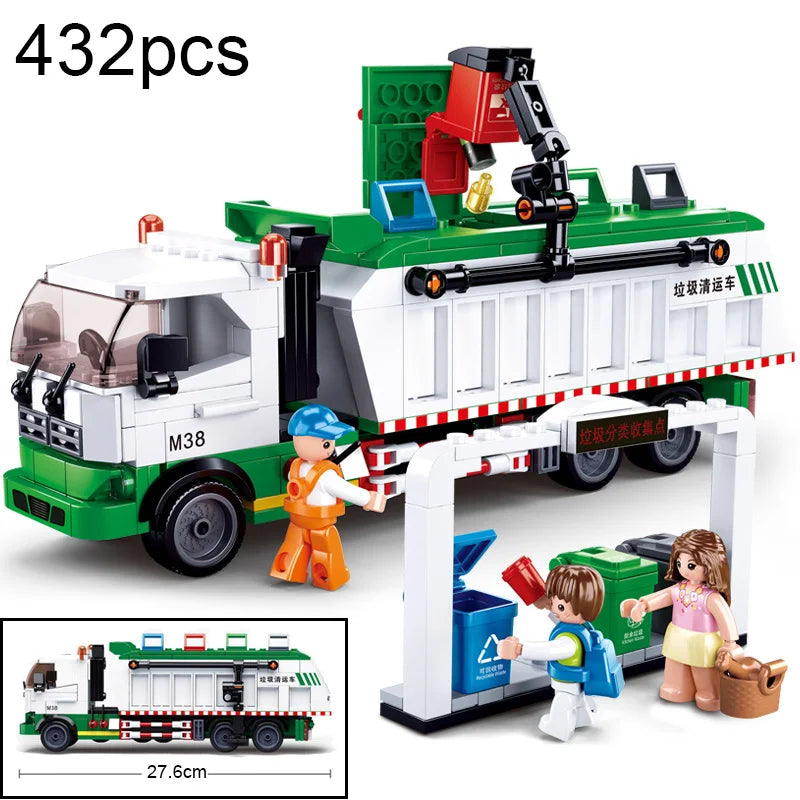 City Town Building Block City Great Vehicles Municipal Car Garbage Truck Light Repair Truck Road Sweeper Sprinkler Bricks Toy