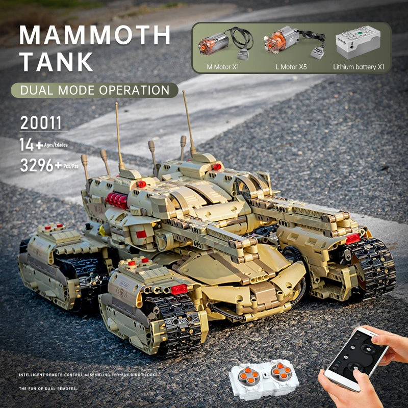 MOULD KING 20011 High-Tech App Remote Control Military Car MOC Mammoths Tank Model Building Bricks Toys For Kids Christmas Gifts