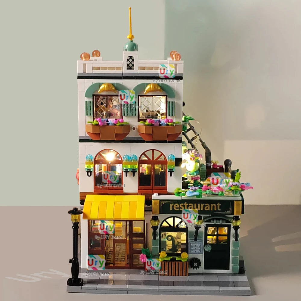 City Street View Modular Chinese Restaurant Retro Flower House with LED Light MOC Architecture Building Block Sets Toys for Kids