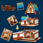 Château de la station de poste médiévale Décor architectural Brique de construction Moyen Âge Vue de rue urbaine Décor Micro briques Jouets Cadeau pour enfant