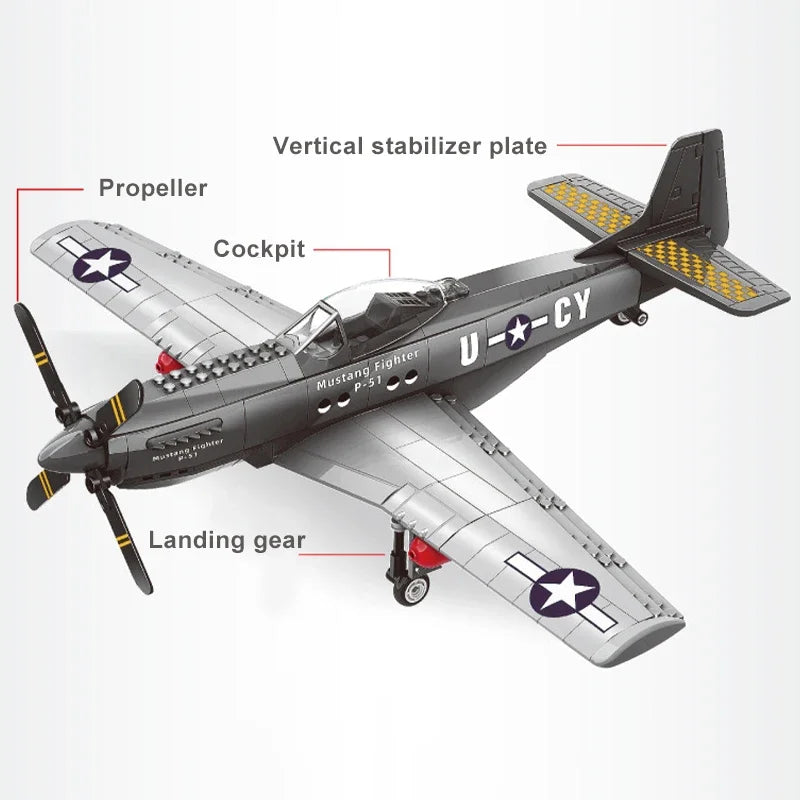 Military USA P-51 Mustang Fighter Jets Model Building Blocks Technical Aircraft Airplane MOC Weapons Bricks Toys for Adult Gifts