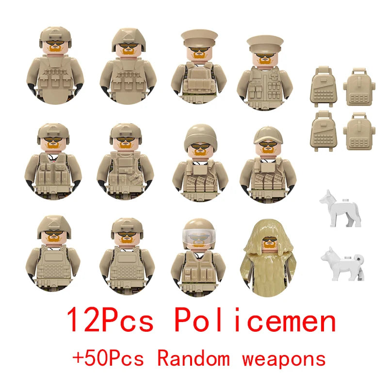Military Weapons Guns Mortar Special Forces Police SWAT Gangster Jeeps Off-Road Armored Vehicle Model Soldier Building Block Toy