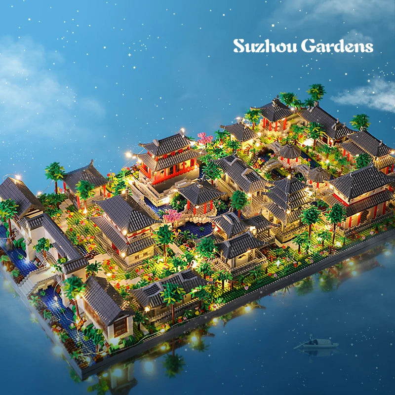 Lezi Architecture Ancient Pavilion Temple Tower Lake Garden Gate LED Light Model Mini Diamond Blocks Bricks Building Toy no Box