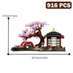 MOC Cherry Blossom Zen Garden Building Blocks Japan Architecture Sakura Tree House Street View Construction Bricks Toys Kid Gift