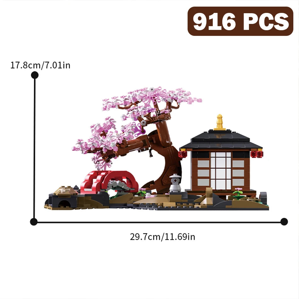 MOC Cherry Blossom Zen Garden Building Blocks Japan Architecture Sakura Tree House Street View Construction Bricks Toys Kid Gift
