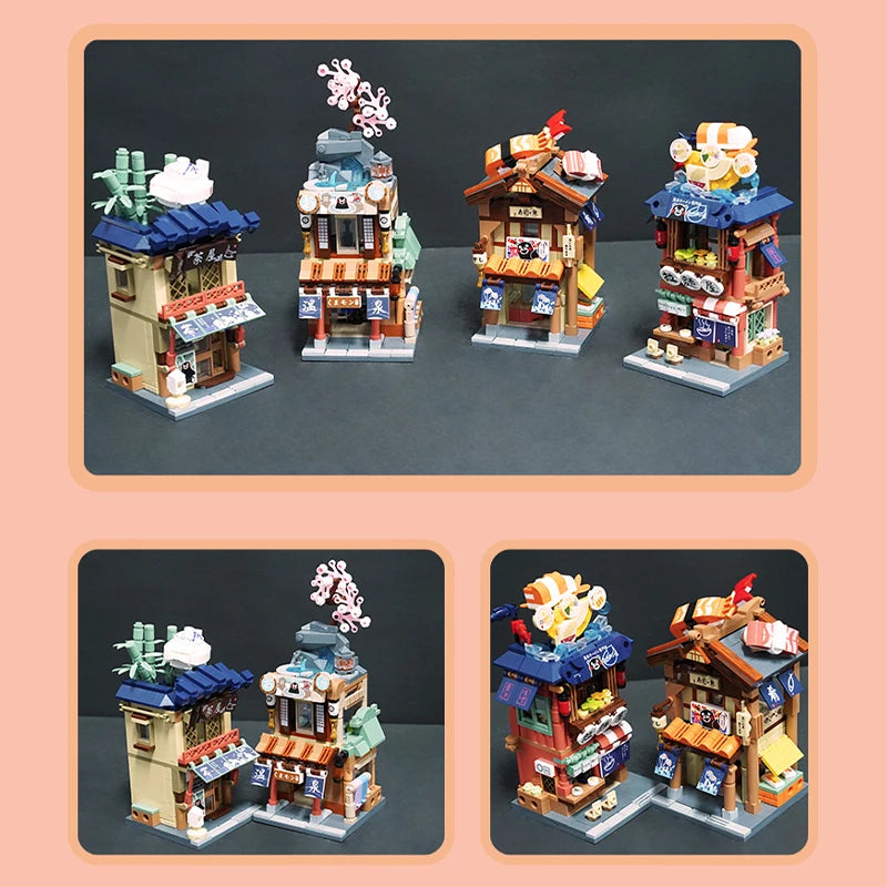 Mini City Street View Noodle Shop Building Blocks 4 in 1 Japanese Architecture Hot Spring House Toy Bricks Friends Children Gift