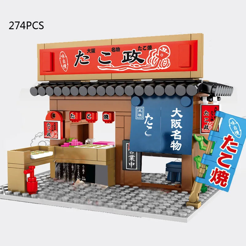 Vista della città giapponese costruisci blocchi Distilleria giapponese Carne di granchio Barbecue Negozio di pancake Casa da tè Negozio di polpette di polpo Mattoni giocattolo