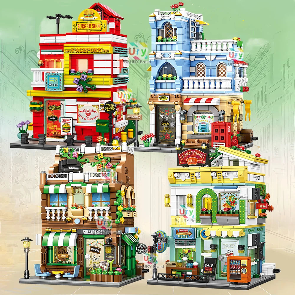 City Street View Modular Mall Supermarket Hotel Burger Coffee Shop Retro Flower House MOC Architecture Building Blocks for Kids