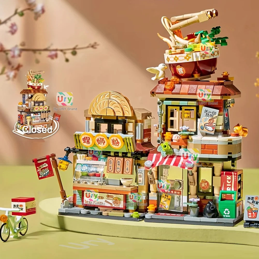 Mini City Japanese Street View Modular Villa Retro Noodle Shop Store Friends House MOC Architecture Building Blocks Set for Kids