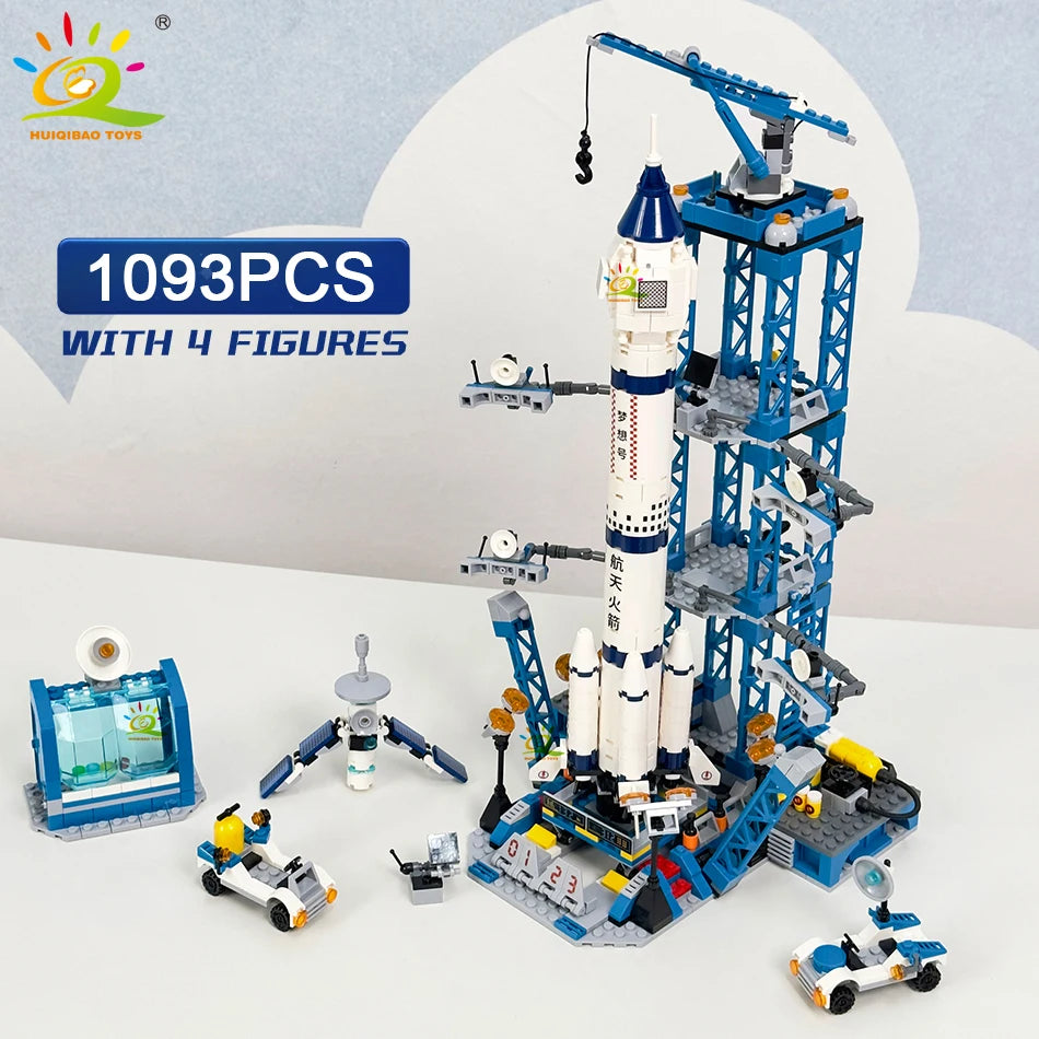 HUIQIBAO Aviation Spaceport Model Space Shuttle Rocket Launch Center Construction Building Blocks MOC Spaceship Kids Bricks Toy