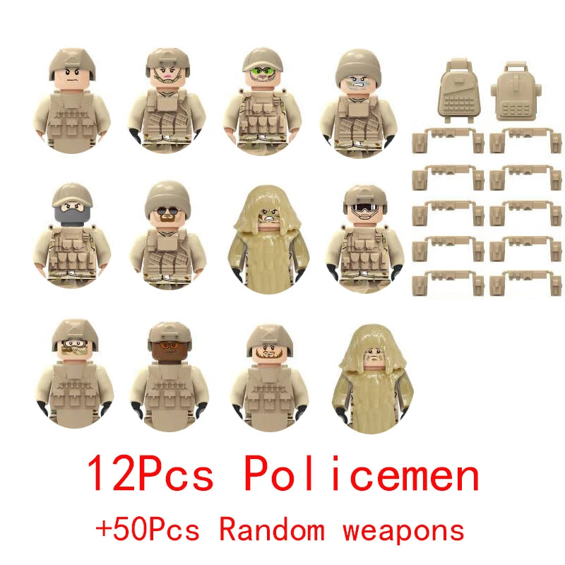 Military Weapons Guns Mortar Special Forces Police SWAT Gangster Jeeps Off-Road Armored Vehicle Model Soldier Building Block Toy