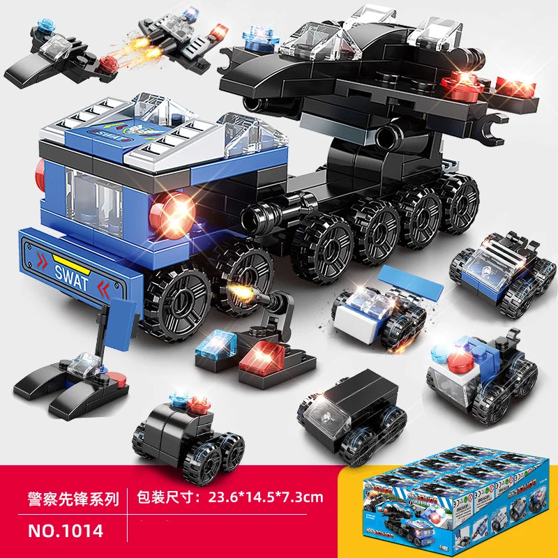 Engineering car blocks 10 in 1 Police car Aircraft Tank warship Fire truck Robot Building bricks Boy toys Children's gifts