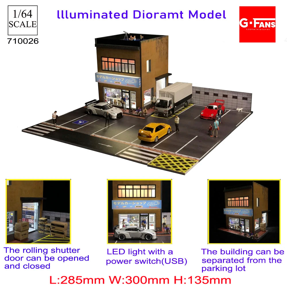 GFans NEW Model 1:64 Scale Diorama Car Garage Model With LED Lights Parking Lots City DIY Model Sets Collection Display Gifts