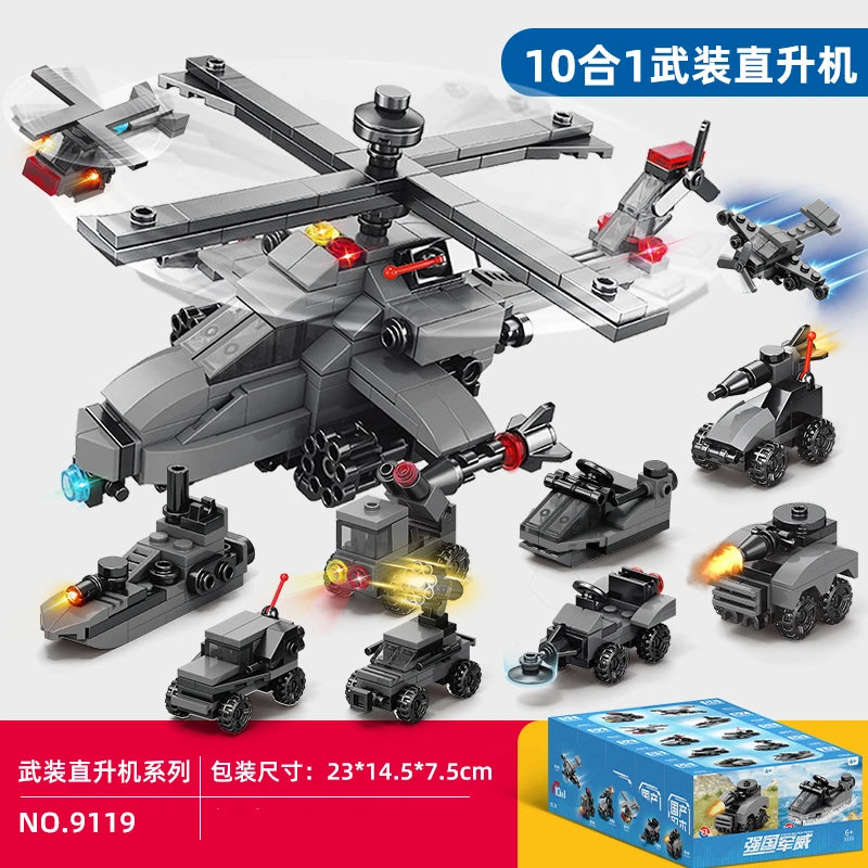 Engineering car blocks 10 in 1 Police car Aircraft Tank warship Fire truck Robot Building bricks Boy toys Children's gifts