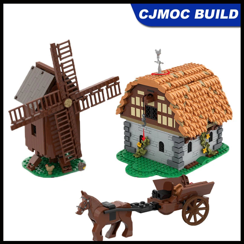 1723 Stück MOC Mühlen-Dorf-Raub Architektur Bausteine Modell Mittelalterliches Dorfhaus Windmühlen-Baustein Baukasten Spielzeug MOC-186596