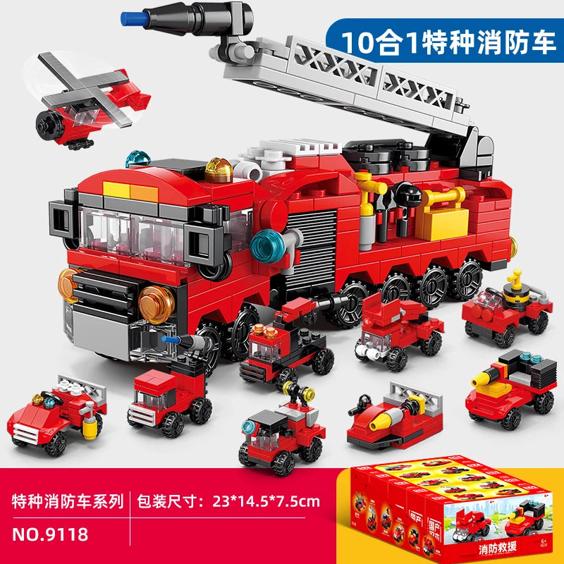 Engineering car blocks 10 in 1 Police car Aircraft Tank warship Fire truck Robot Building bricks Boy toys Children's gifts