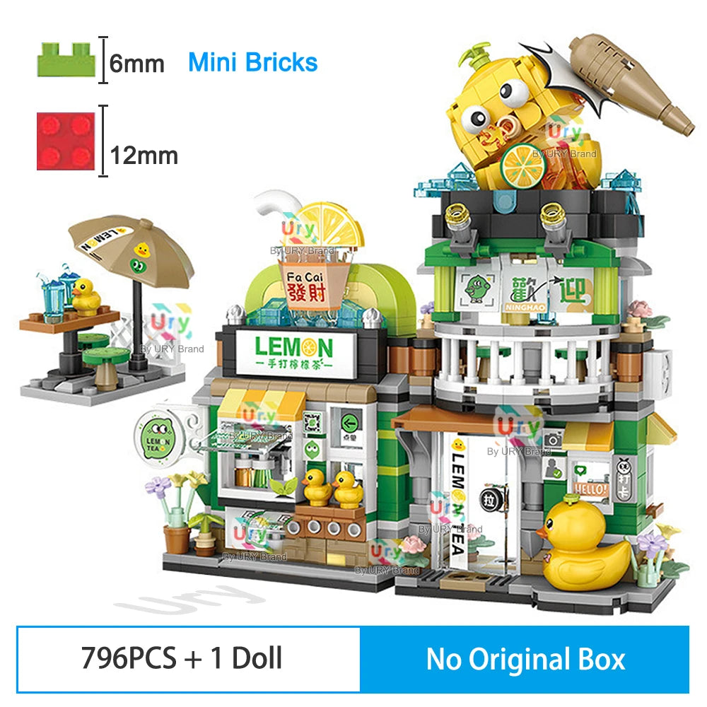 Mini City Japanese Street View Modular Villa Retro Lemon Tea Shop Store Friends House MOC Architectur Building Block Set for Kid
