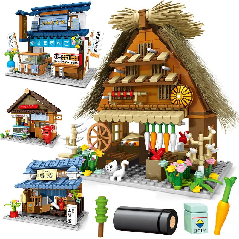 Classic Japan City Street View Build Block Japanese Pastry Vegetable Shop Fabric Bleaching Dyeing Convenience Store Bricks Toy
