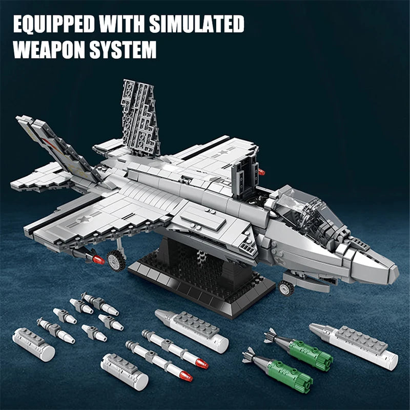 MOC Military Series Jump Jets F14 F16 F18 F22 F35 Aircraft Building Blocks War Fighter Model Bricks Toys For Childrens Boy Gifts