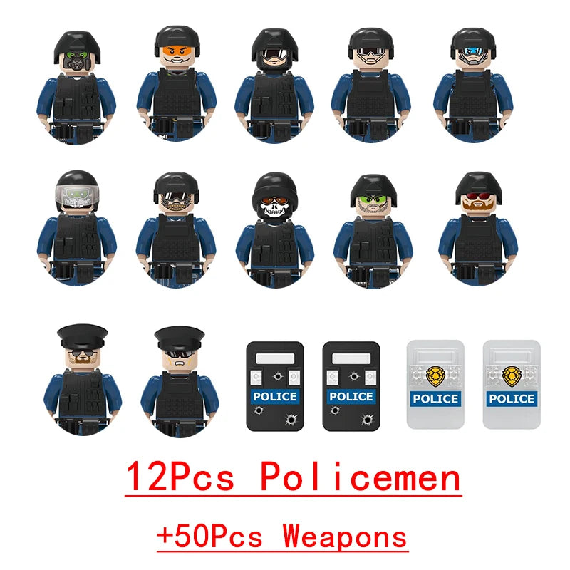 Military Special Forces Police SWAT Gangster Weapons Guns Mortar Jeeps Off-Road Armored Vehicle Model Soldier Building Block Toy