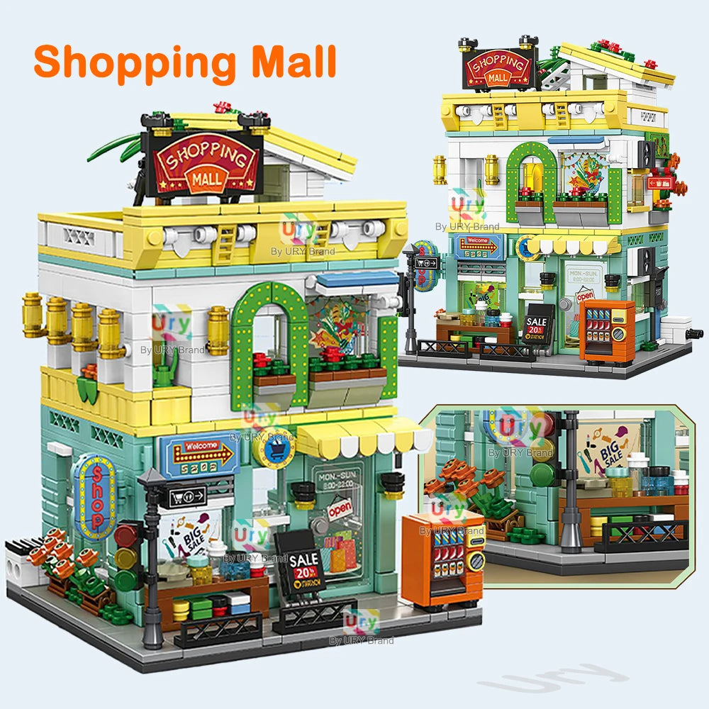 City Street View Modular Mall Supermarket Hotel Burger Coffee Shop Retro Flower House MOC Architecture Building Blocks for Kids