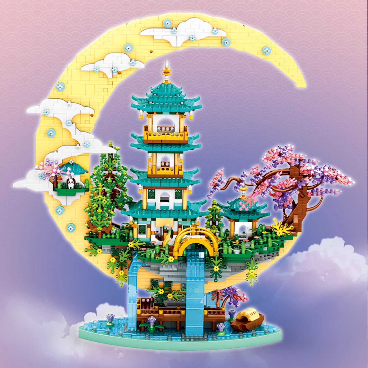 Ancient Pavilion Temple Tower Lake Garden Gate Led Light Model Mini Diamond Blocks Bricks Building Chinese Style Home Decor Gift