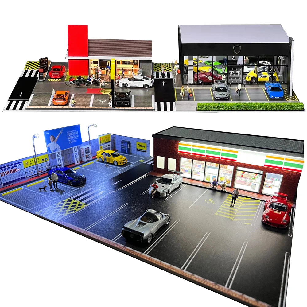 GFans NEW Model 1:64 Scale Diorama Car Garage Model With LED Lights Parking Lots City DIY Model Sets Collection Display Gifts
