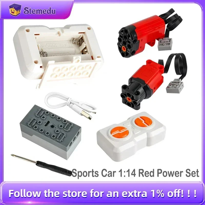 Sports Car Technological Block 1:14 Red Power Function L/Servo Motor Set With Remote Controller Moc Bricks DIY Parts Model Toys