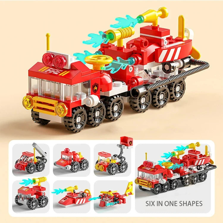 Mini Size 6 In 1 Building Blocks Diy Police Car Fire Truck Castle Model Bricks Kids Educational Toys Gifts