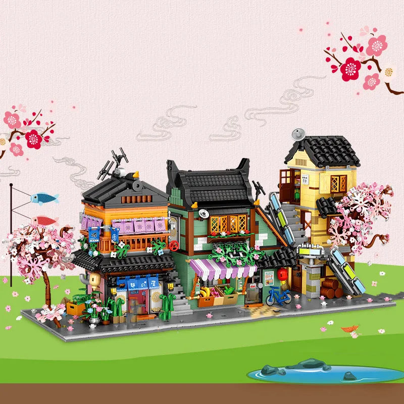 Creative Mini Block Architecture Japanese Noodles Restaurant Apartment Fruit Vegetable Shop Brick Japan Street View Figures Toys