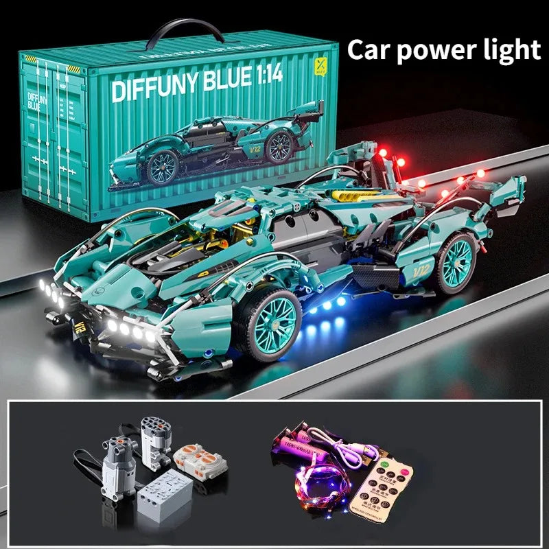 Blue V12 Block Roadster RC Tech Racing 1:14DIY Roadster building block assembly Block car toy birthday gift